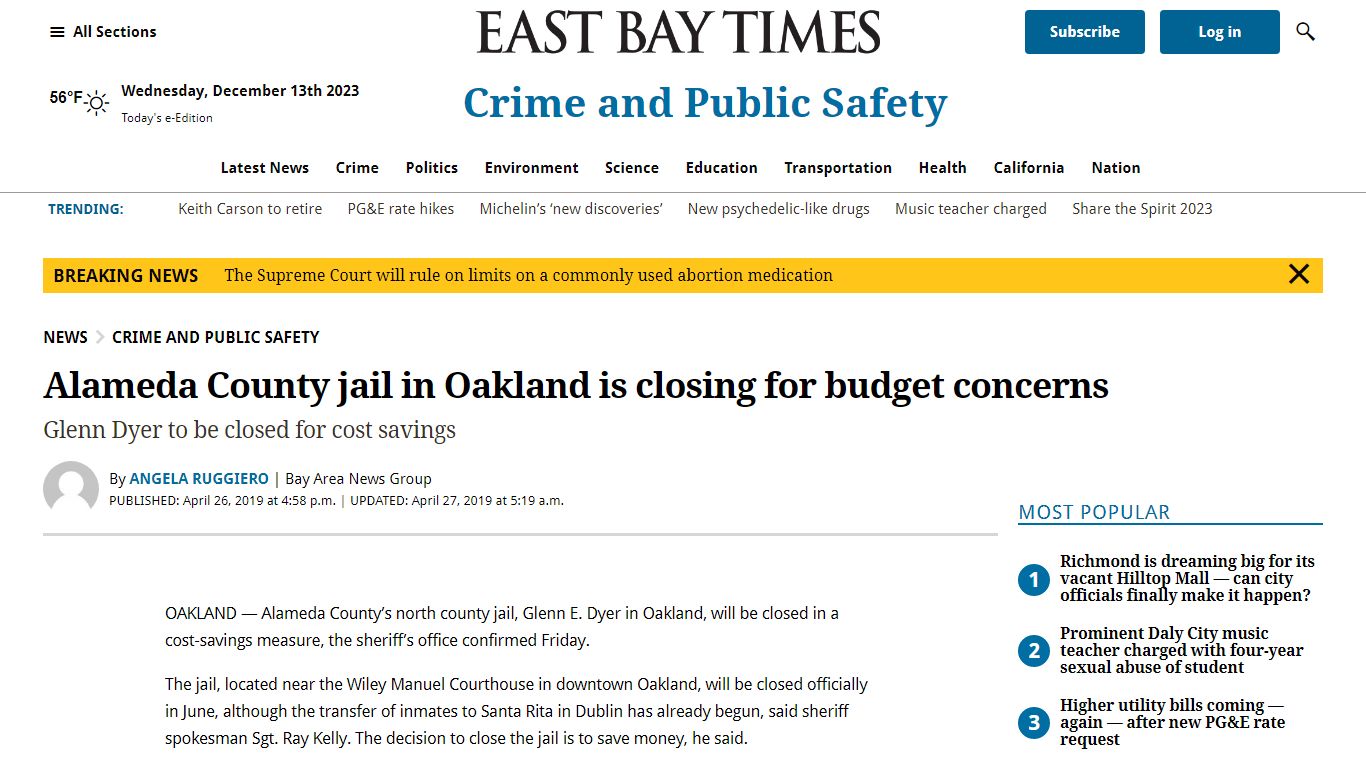 Oakland jail to close in June, Alameda County sheriff says - East Bay Times